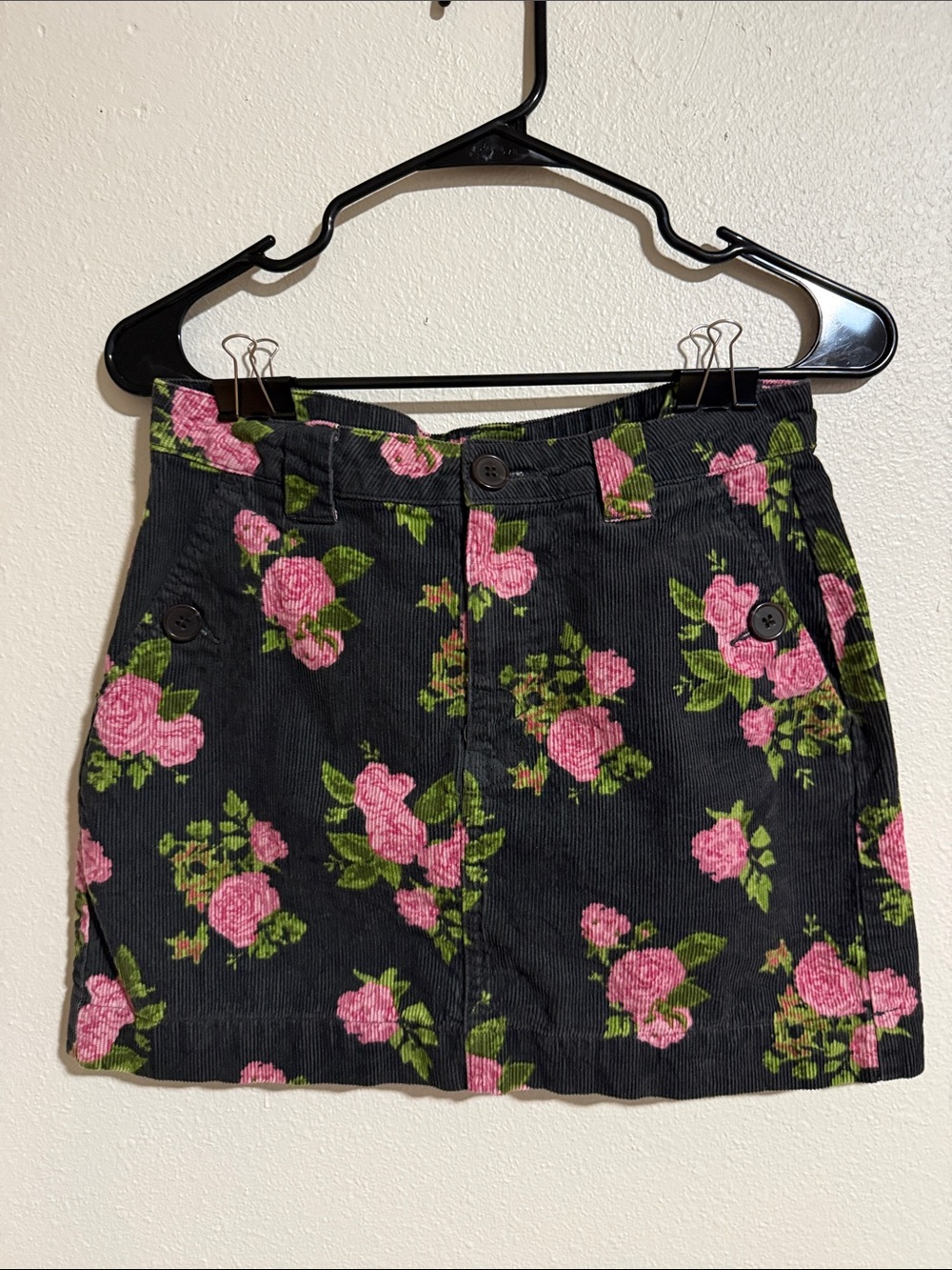 wild fable Black Corduroy Mini Skirt with Pink Floral Print